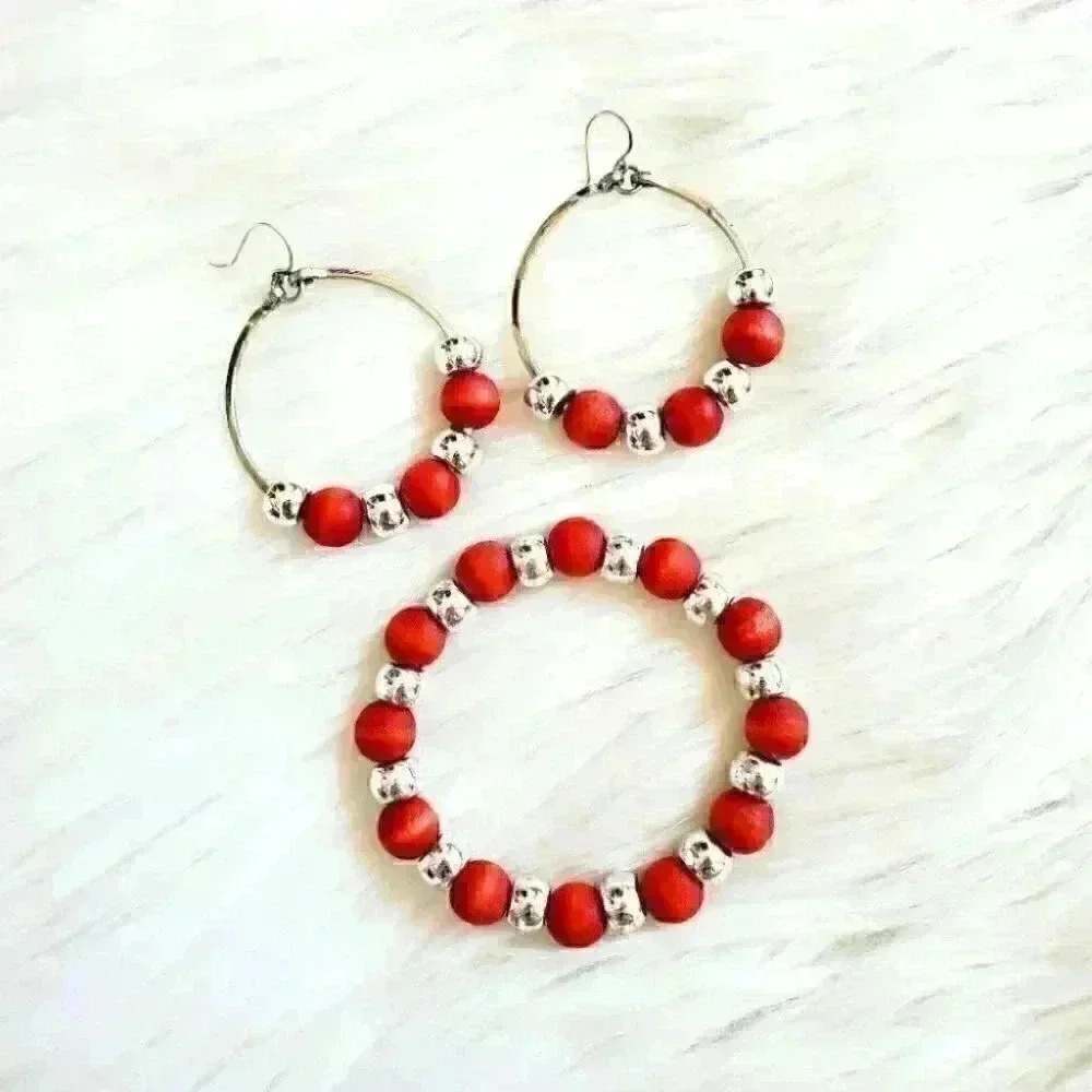 Red and silver beaded bracelet and earrings jewelry set